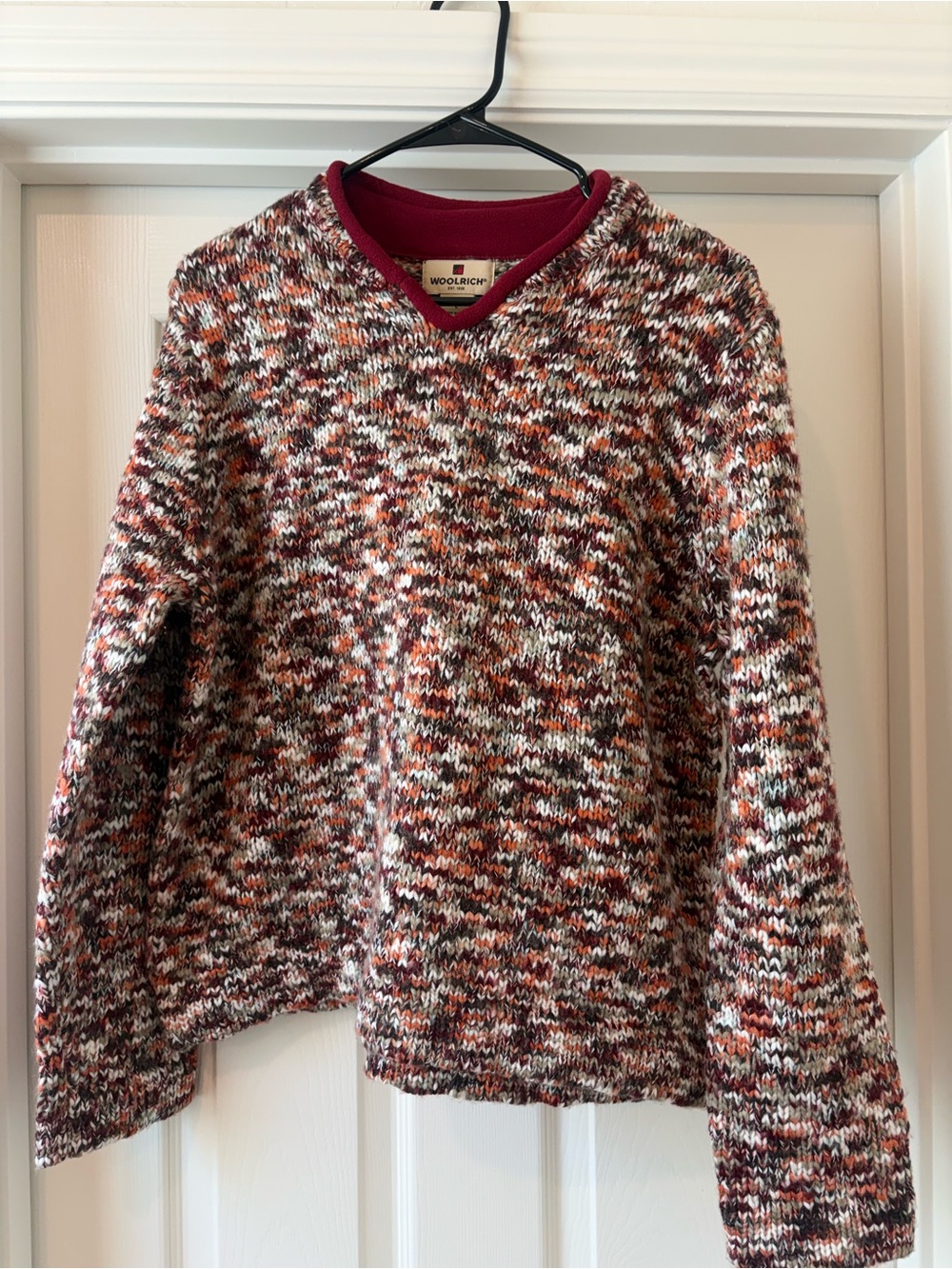 Woolrich Women's Multicolor Marled V-Neck Sweater with Burgundy Trim